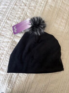 Sprigs Black Beanie with Faux Fur Pom